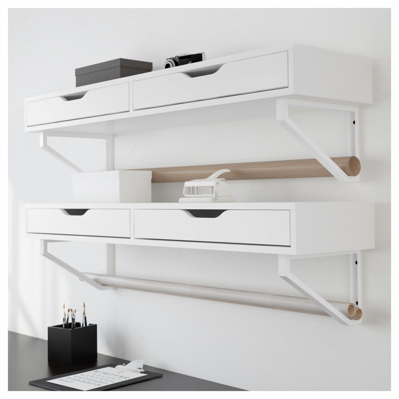 Ikea wall shelves with drawers and brackets that can hold wrapping