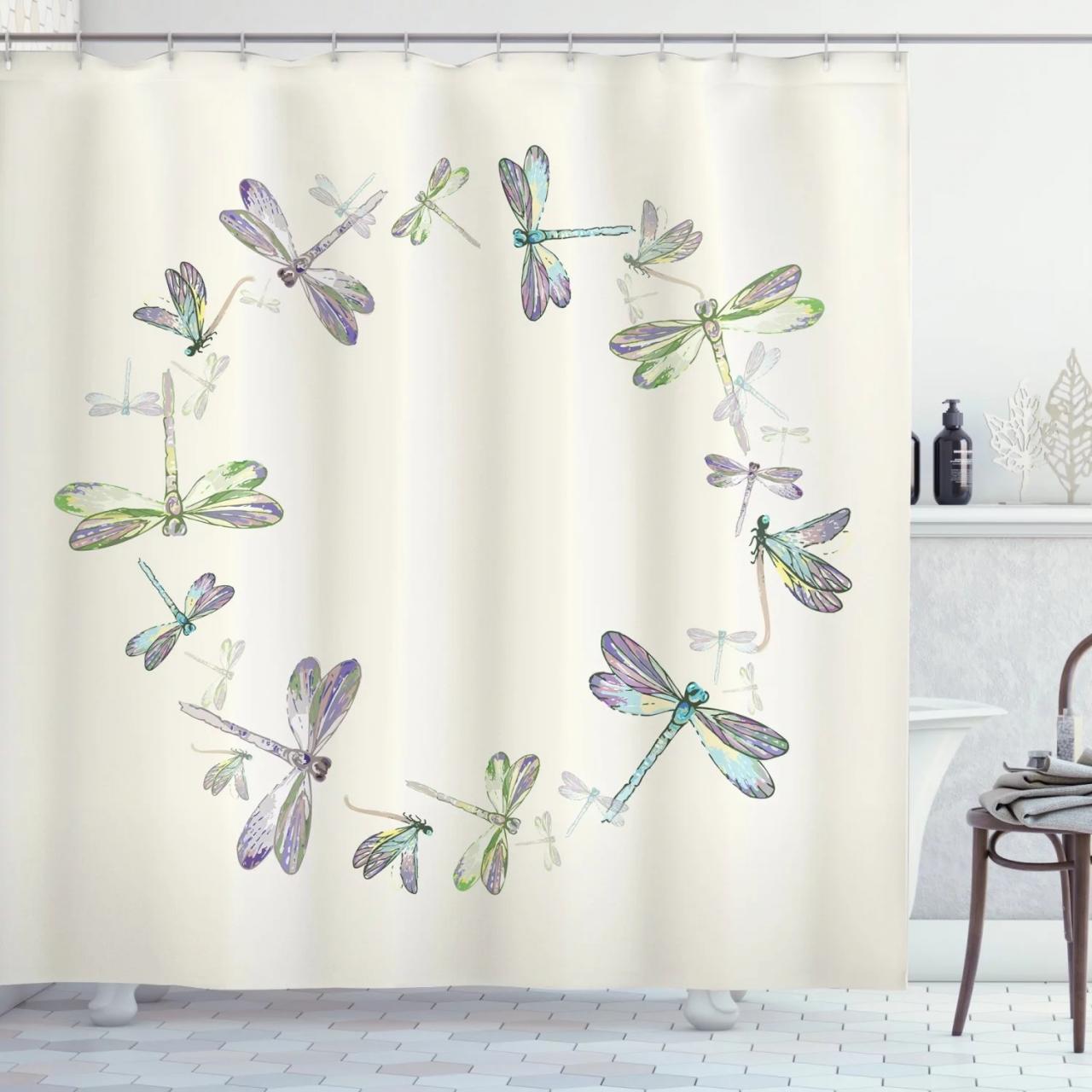 Dragonfly Shower Curtain, Dragonflies in Circular Formation Hand Drawn