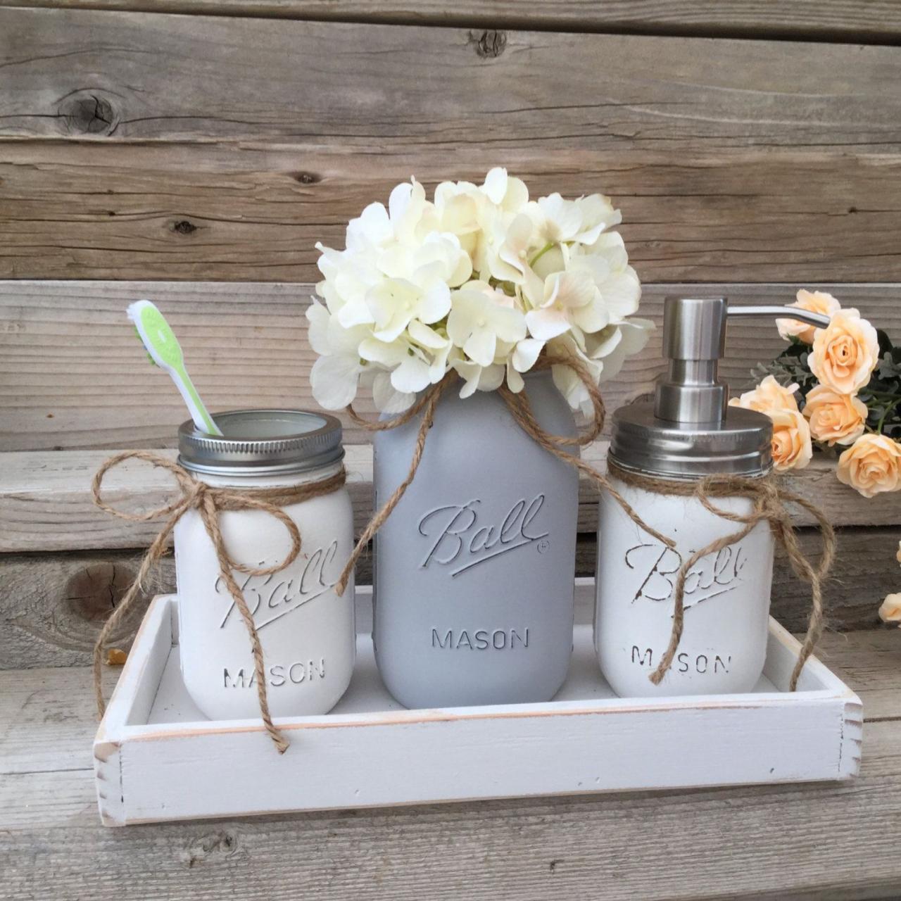 Mason Jar Bath Set With Tray Grey Farmhouse Bathroom Decor Etsy