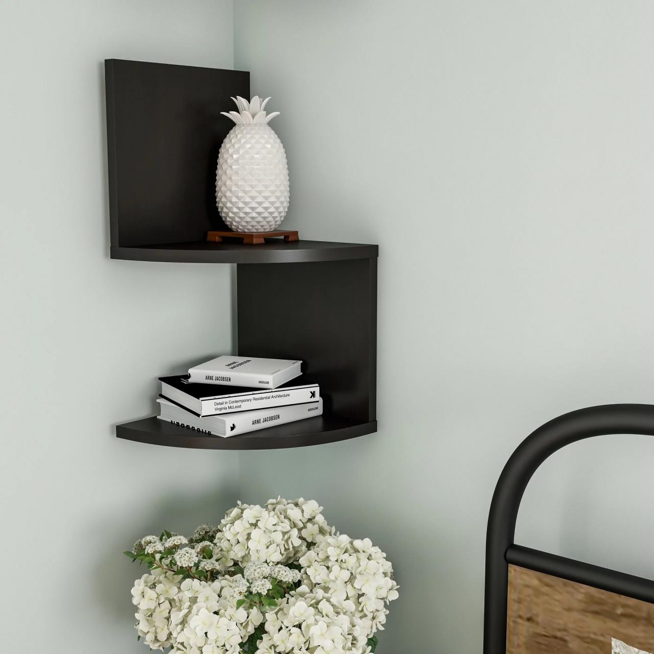 Floating Corner Shelf 2 Tier Wall Shelves with Hidden Brackets by