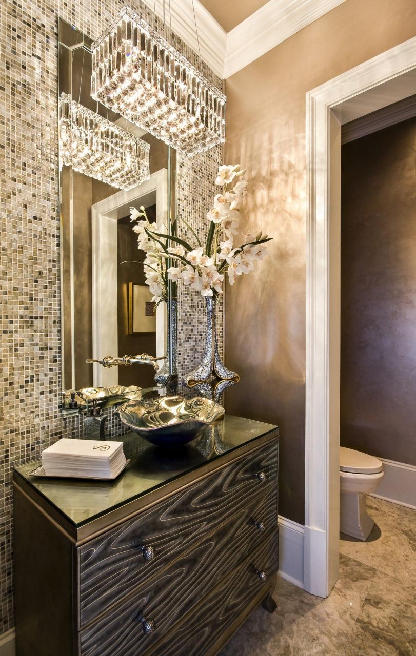 Residence, Elegant Bathroom with Glass Tile Wall & Crystal Chandelier