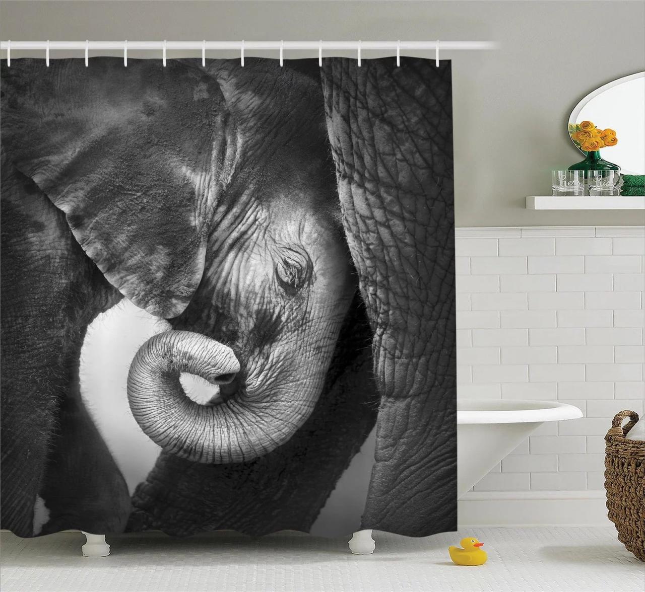 Elephants Decor Shower Curtain Set, Baby Elephant Seeking Comfort