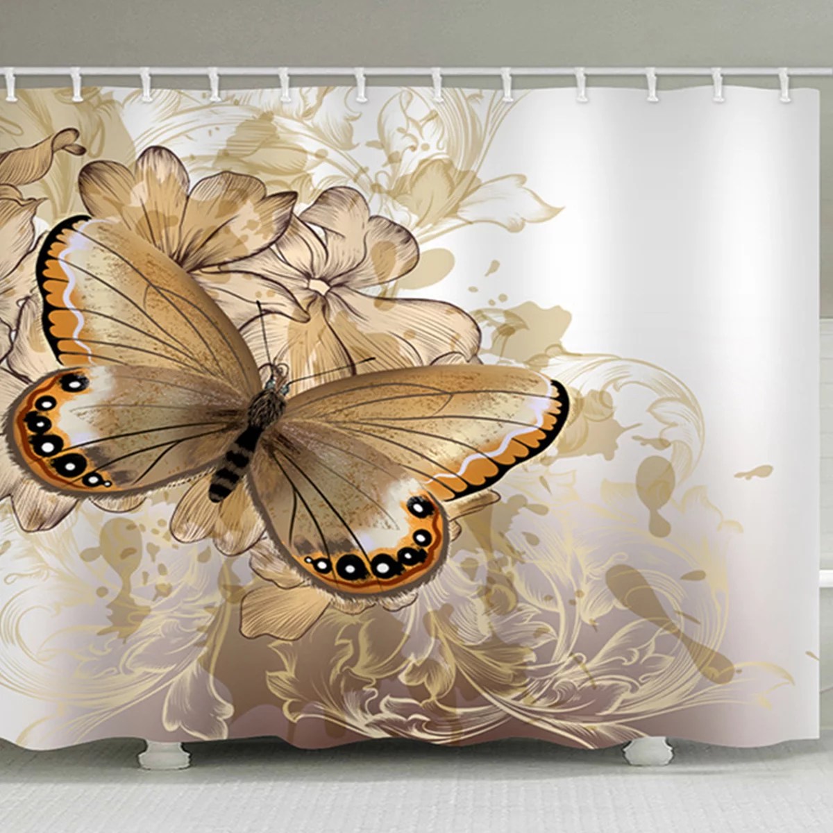 Golden Butterfly 71x71inch Waterproof Shower Curtain Set, Butterflies