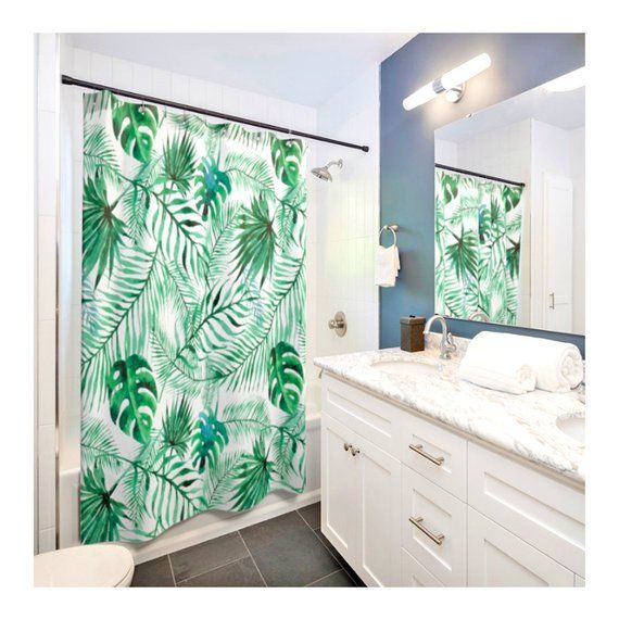 Green watercolor palm leaves shower curtain tropical bathroom Etsy in