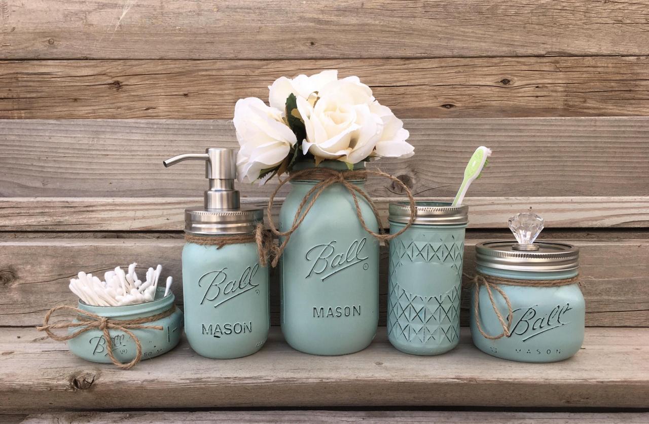 Mason Jar Bathroom Decor Seafoam Bathroom Set Painted Mason Etsy