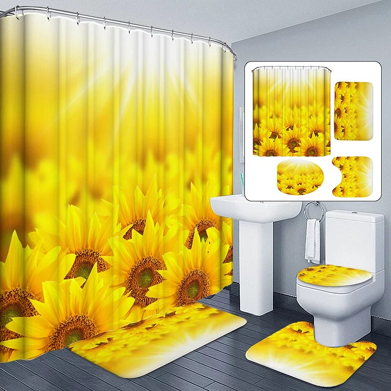 Sunflower Decor Bathroom Set Waterproof Shower Curtain Nonslip Bath