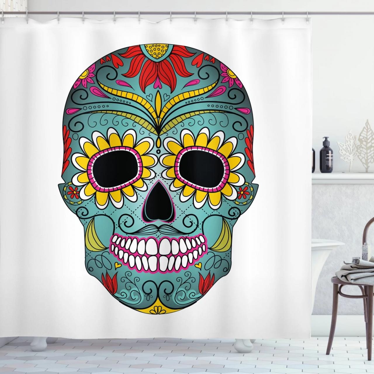 Sugar Skull Decor Shower Curtain, Folk Art Elements Featured Skull Day