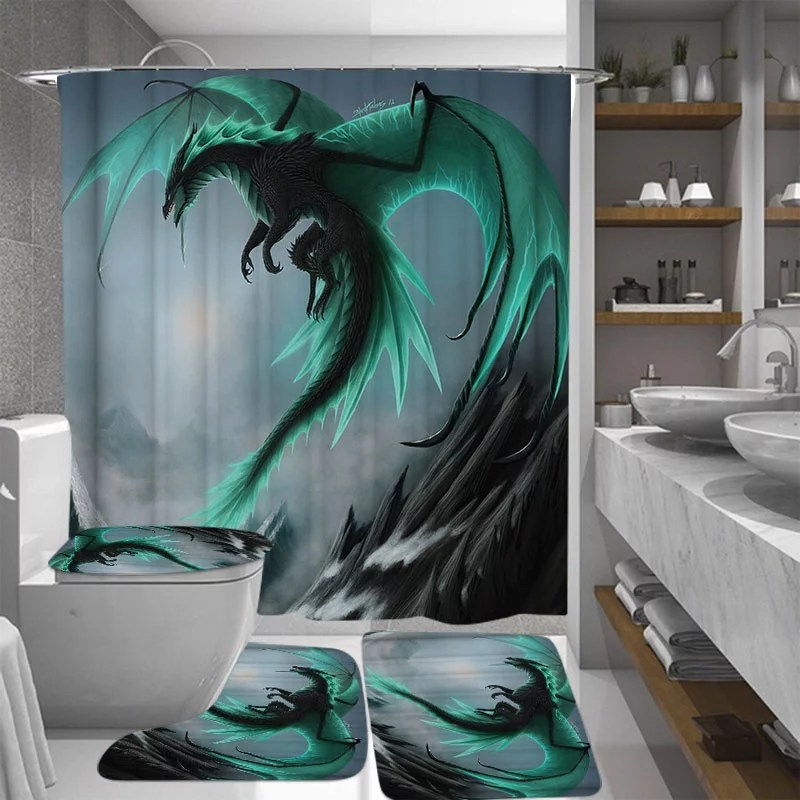 16 Pieces Flying Dragon Shower Curtain Sets with 12 Hooks,NonSlip Rug