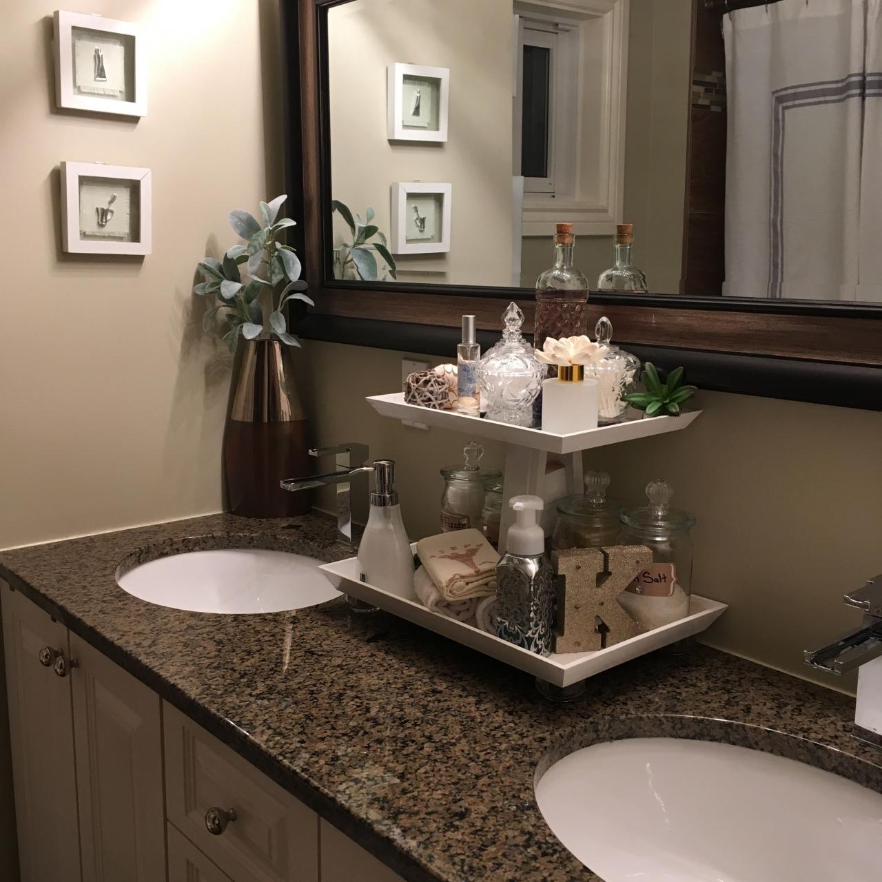 DIY two tiered bathroom tray. Organized my bathroom counter with all my