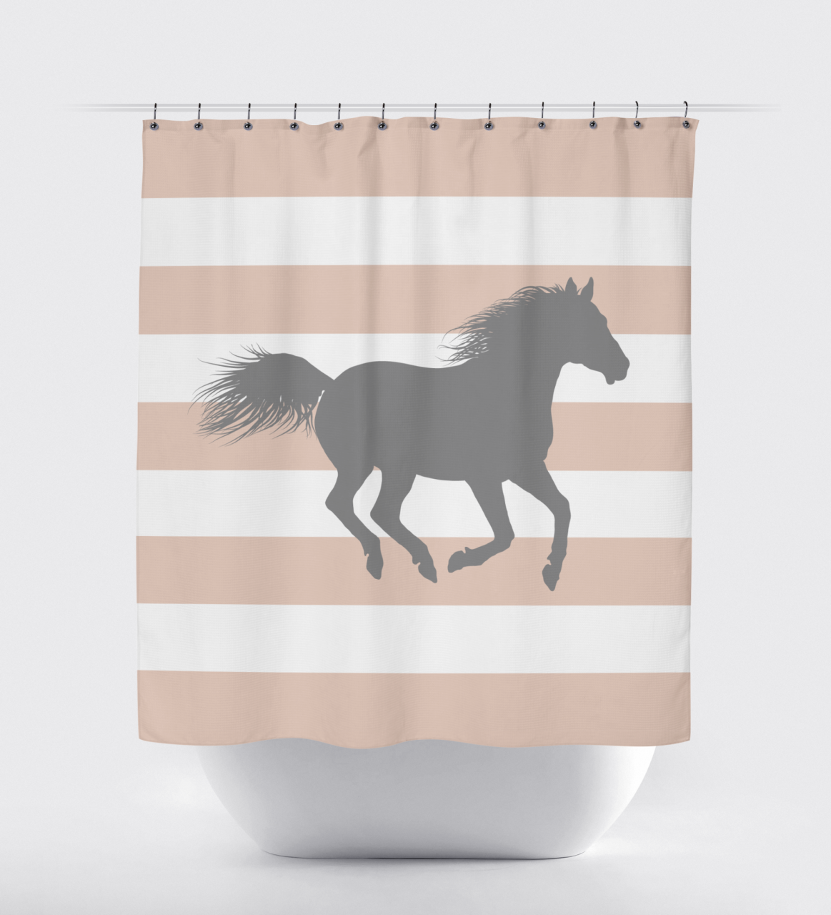 Horse Shower Curtain with Rugby Stripes Titanium and Rose Smoke