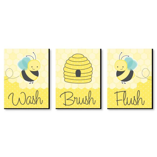 Honey Bee Kids Bathroom Rules Wall Art 7.5" x 10" Set of 3 Signs