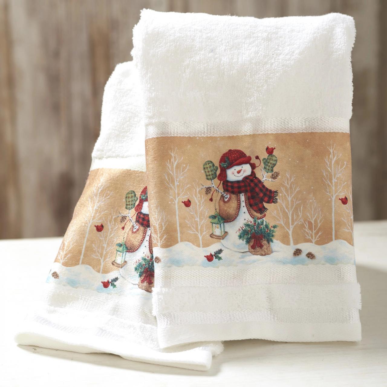 Decorative Snowman Bathroom or Kitchen Accent Hand Towels Set of 2