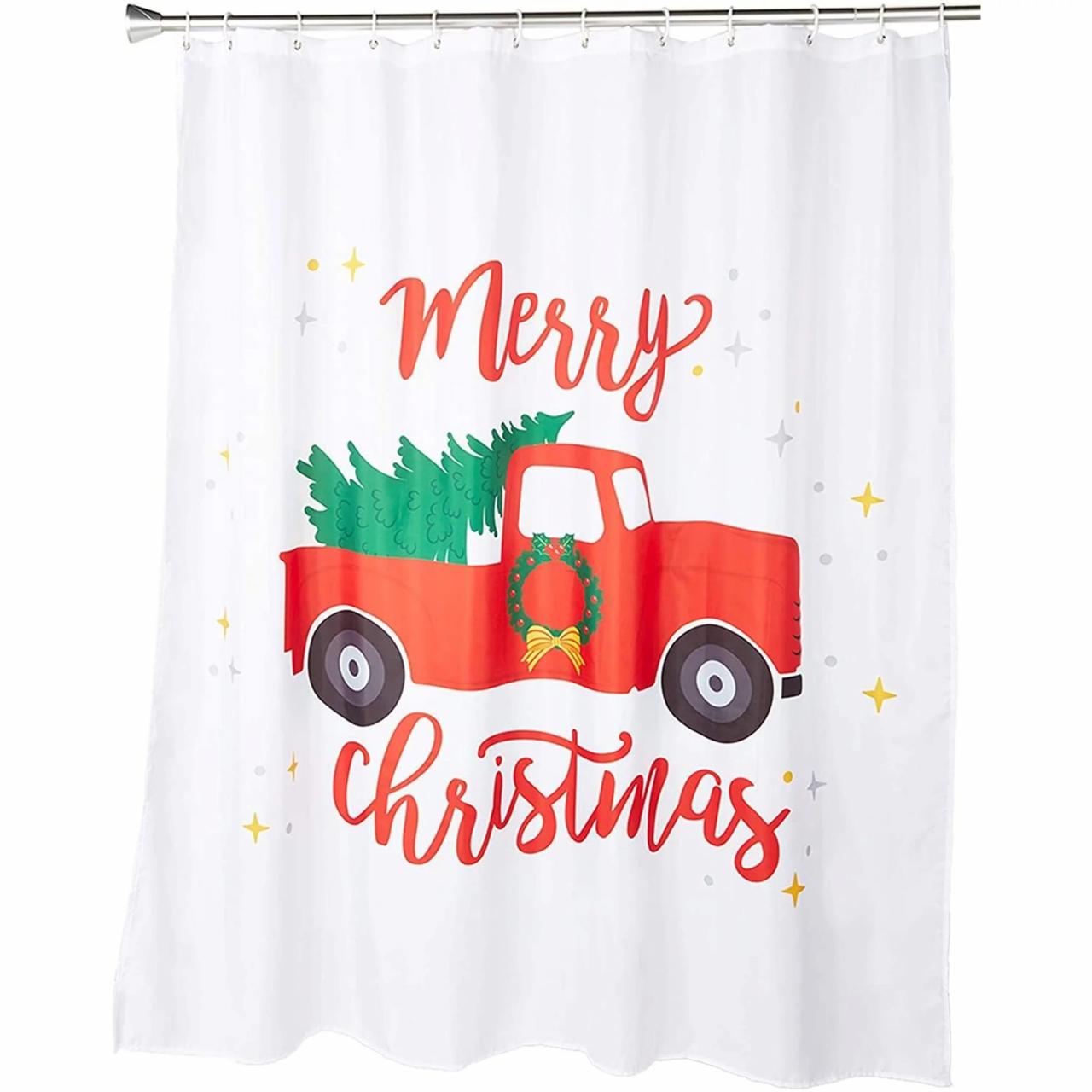 Red Pickup Truck Merry Christmas Bath Shower Curtain Set Polyester with