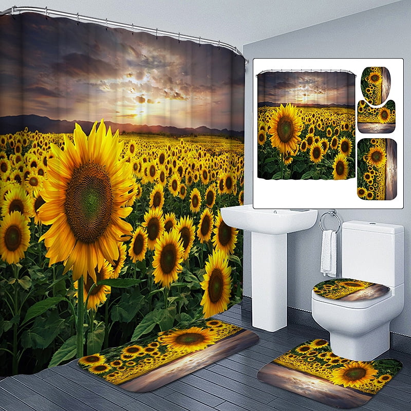 180x180cm Sunflower Bathroom Set Waterproof Shower Curtain OR 3Pcs Non