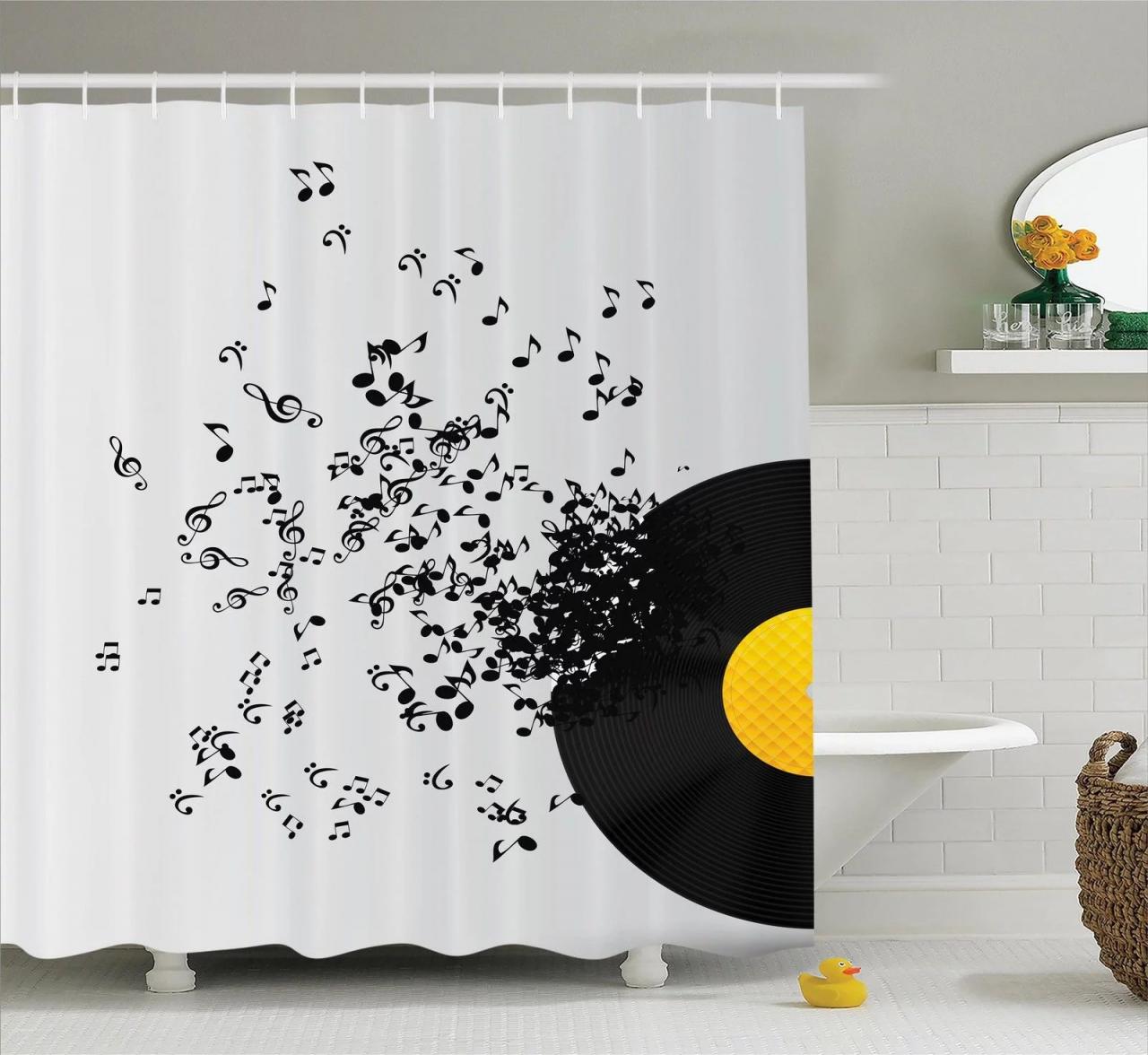 Music Decor Shower Curtain Set, Abstract Music Illustration Flying