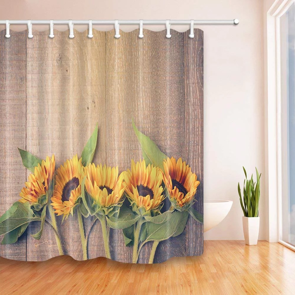 WOPOP Flower Decor Sunflower on the Wood Polyester Fabric Bathroom