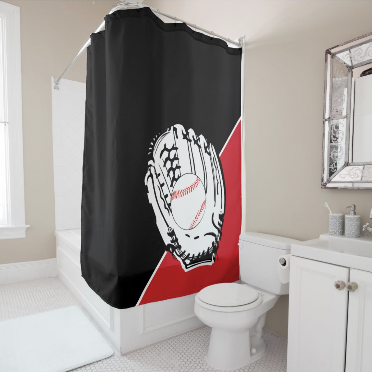 Baseball Glove Black & Red Shower Curtain in 2020