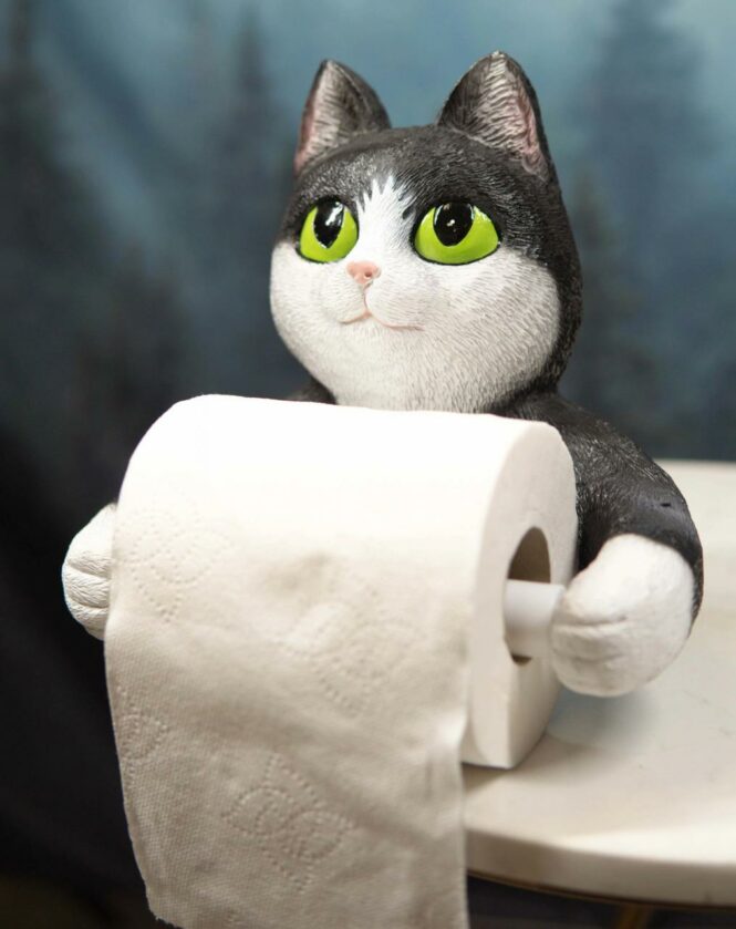 Whimsical Black White Kitten Cat Toilet Paper Roll Holder Bathroom Wall