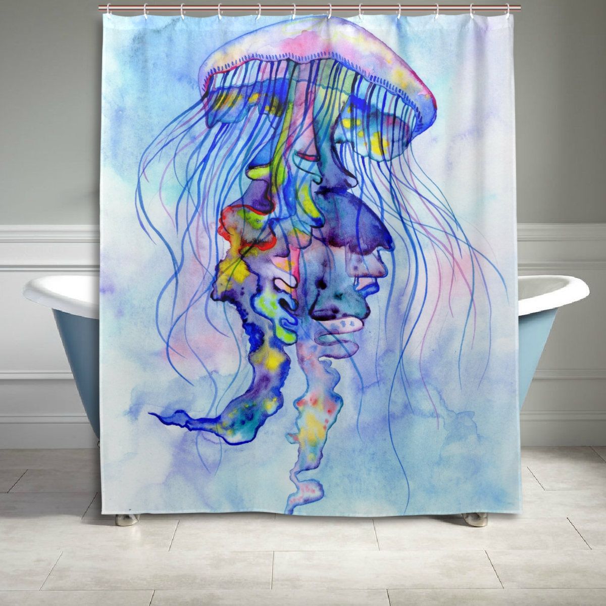Watercolor Blue Jellyfish Shower Curtain Bathroom Decor Home Decor
