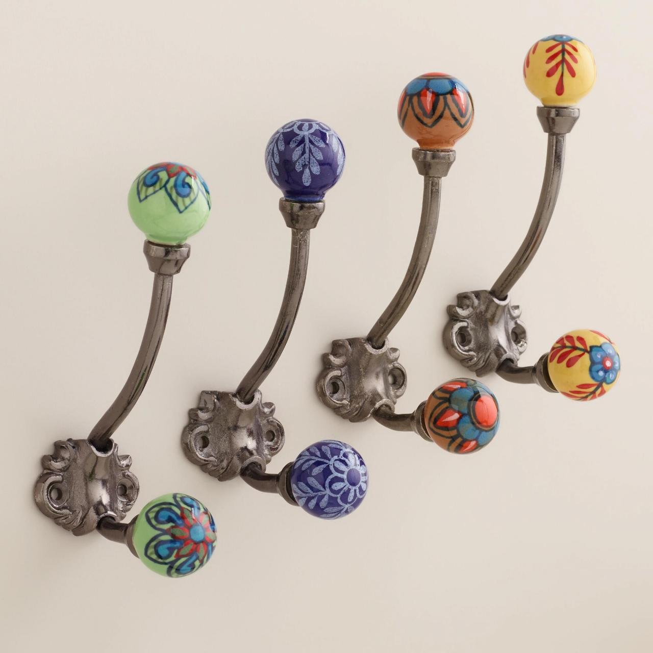 Small Ceramic Double Hooks, Set of 4 Decorative coat hooks, Tapestry