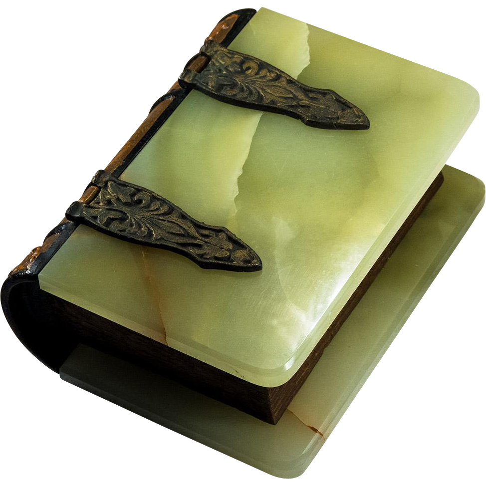 Antique Green Onyx Bronze Secret Storage Book Trinket Box Trinket
