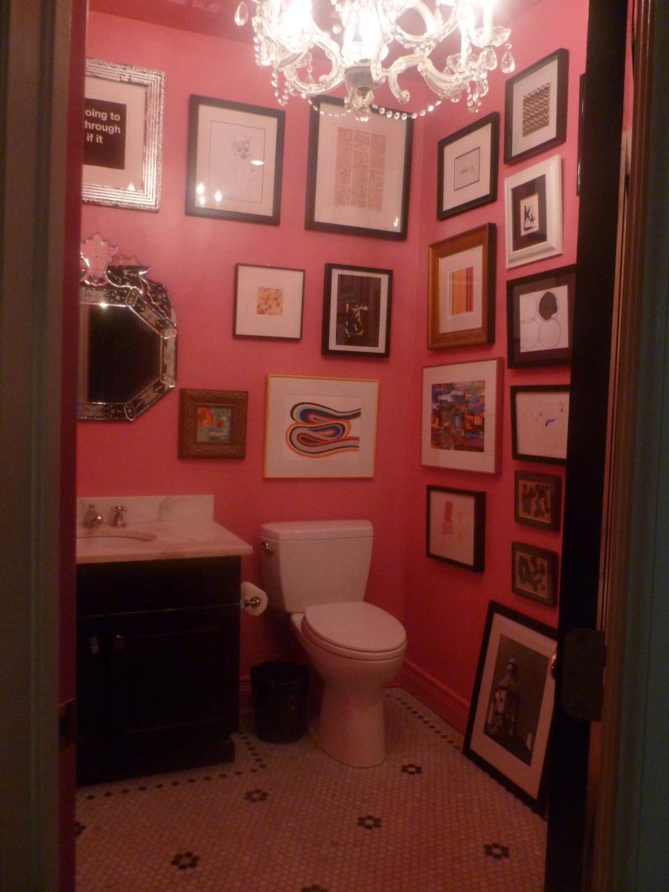 fuchsia (hot pink) bathroom (powder room), marble mini hex tiles, black