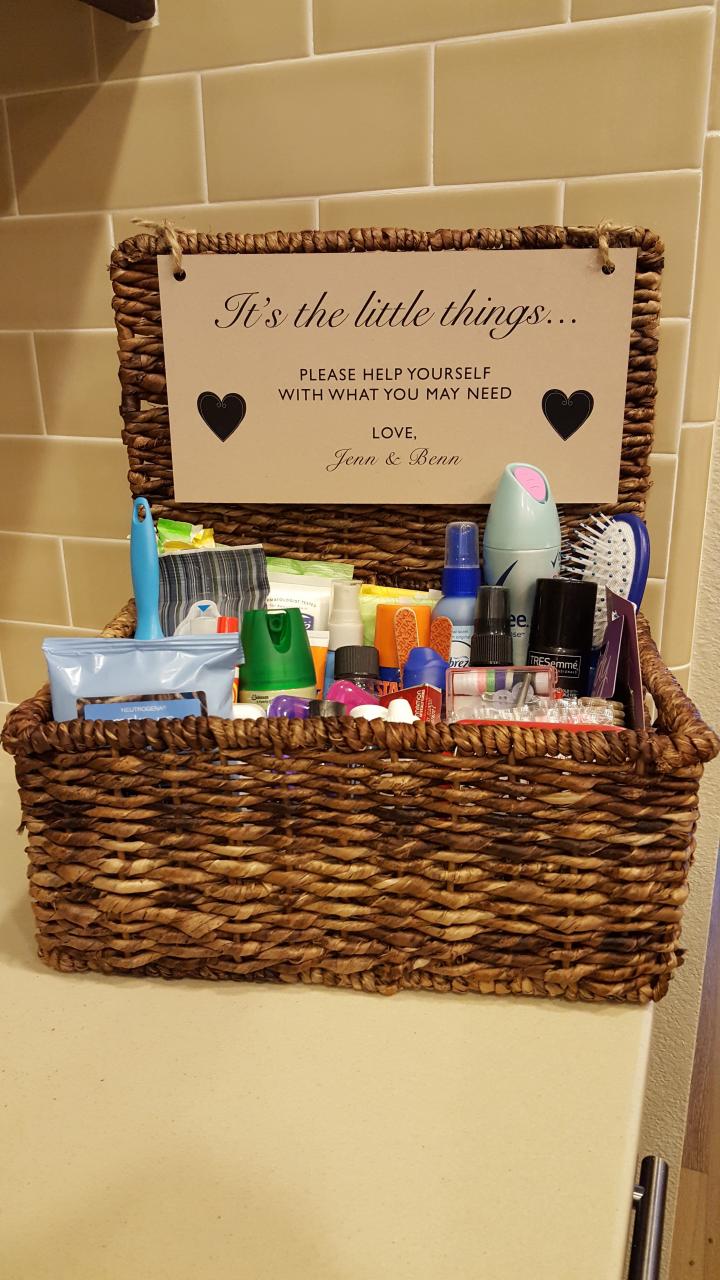 Gender specific bathroom amenity baskets for the guests Wedding