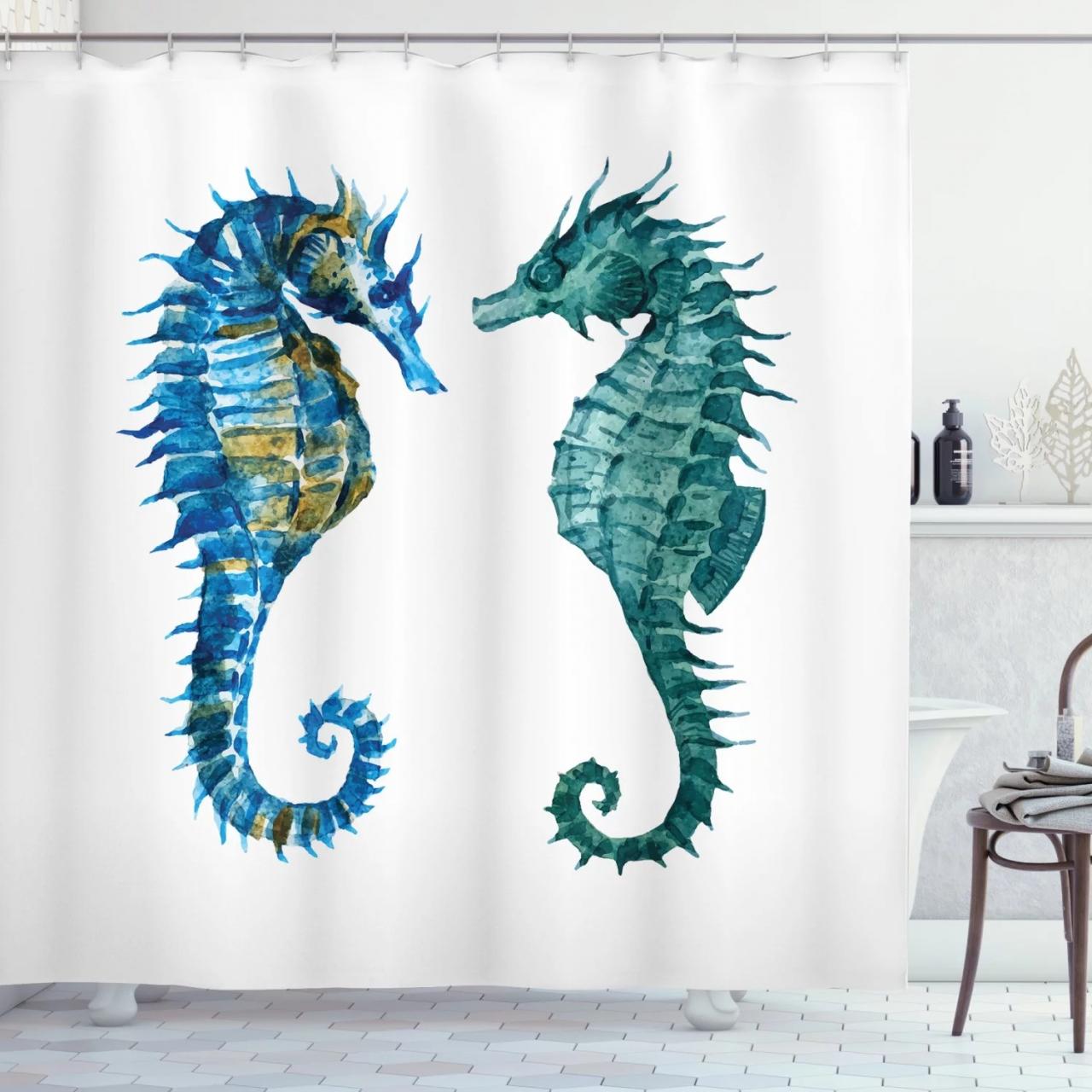Seahorse Shower Curtain, Watercolor Inspired Retro Artwork of Two