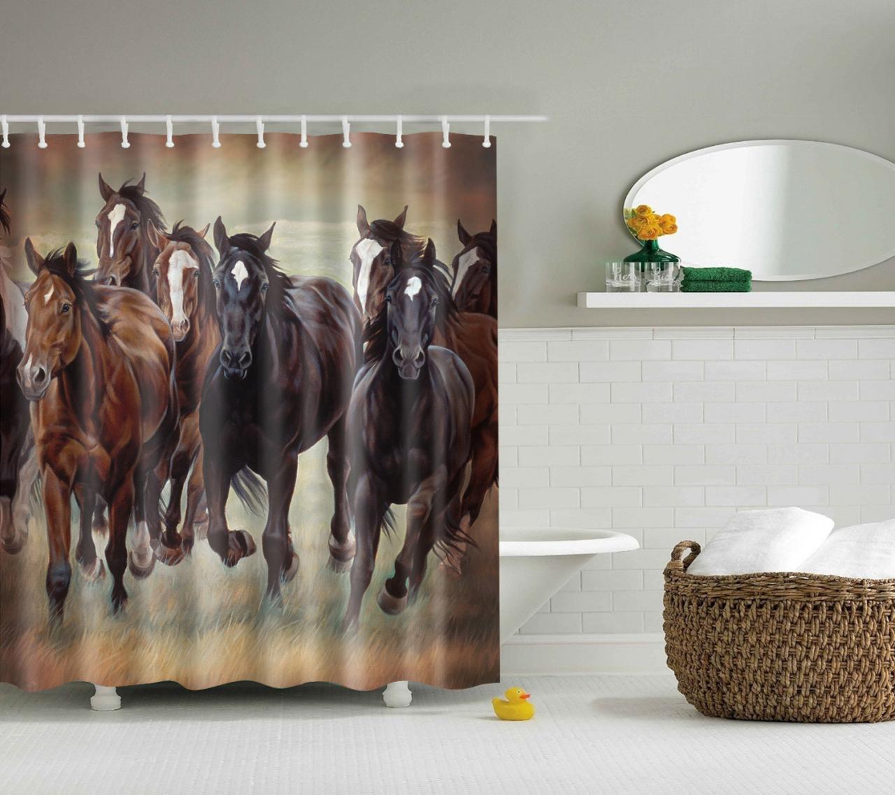 Animal Running Horse Waterproof Fabric Shower Curtain Set Bathroom