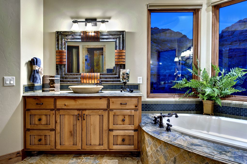 Southwest Bathroom love the blue stone and rustic wood