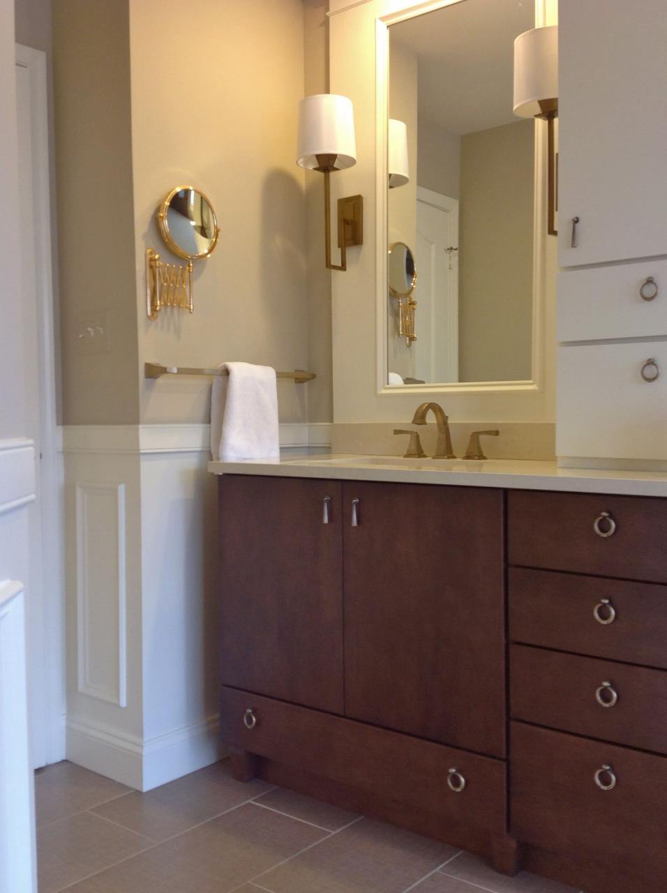 custom vanity, brushed brass and gold fixtures, refined master bathroom
