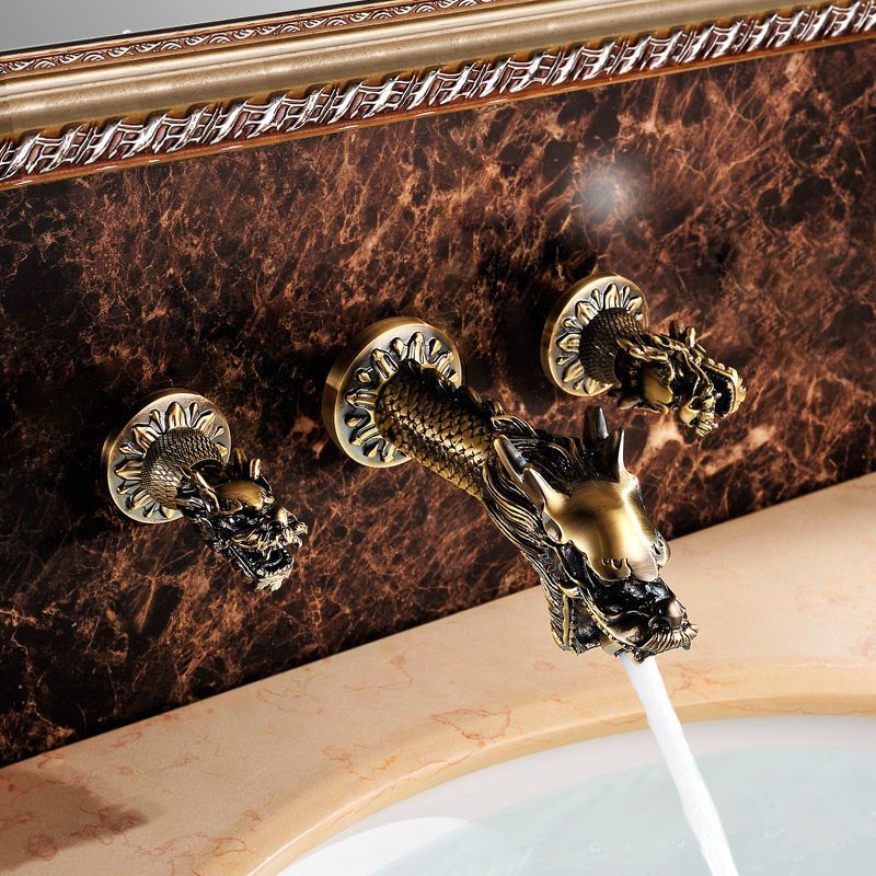 Free ship Antique brass dragon Design widespread bathroom Lavatory sink