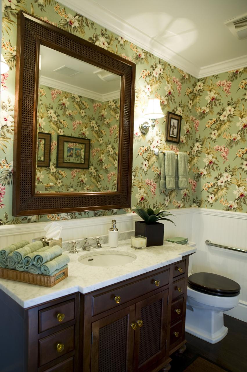 Hawaiian bathroom fabric turned into wall paper Cottage