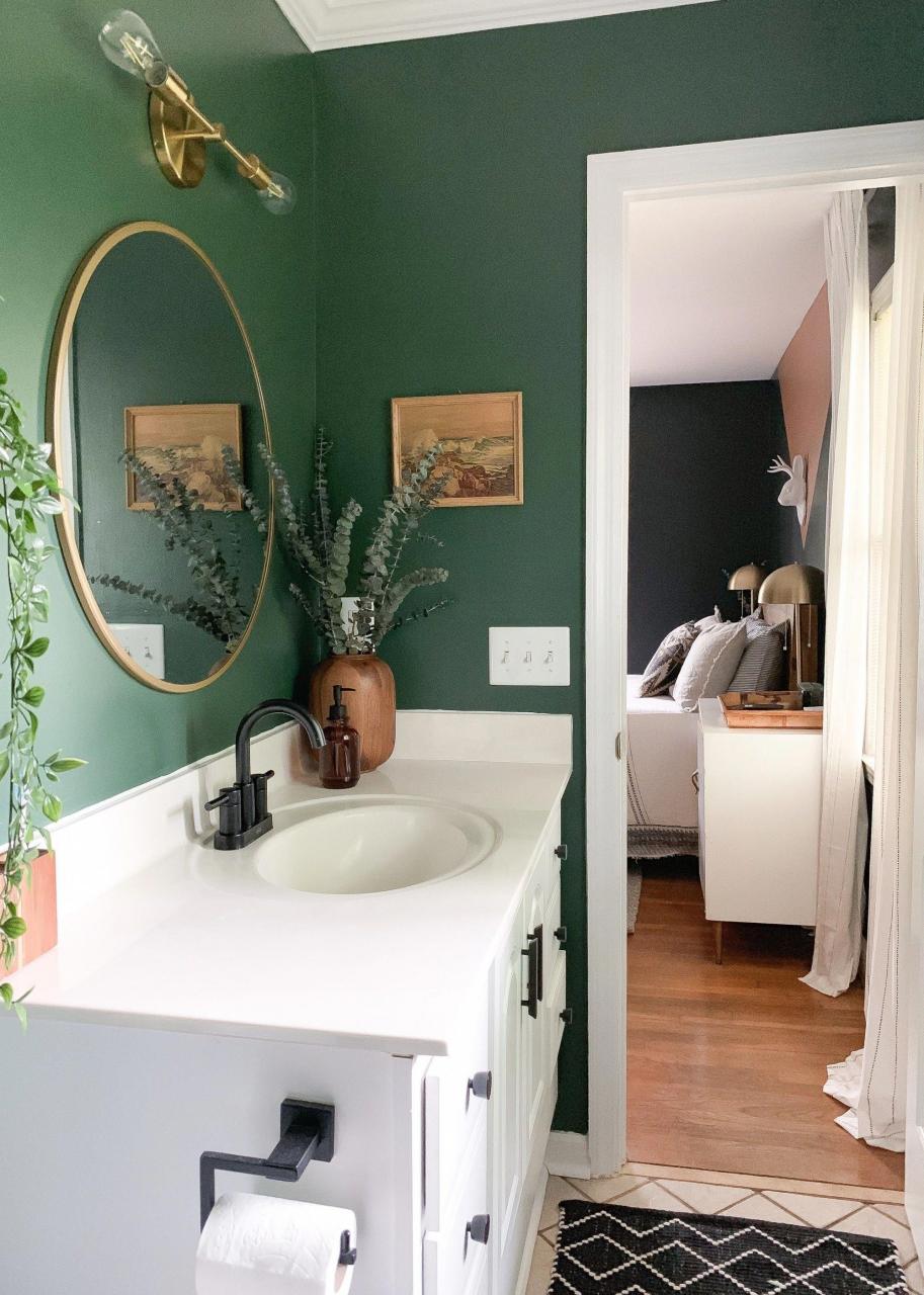 Wow! Nice looking. Small Restroom Ideas Green bathroom, Dark green
