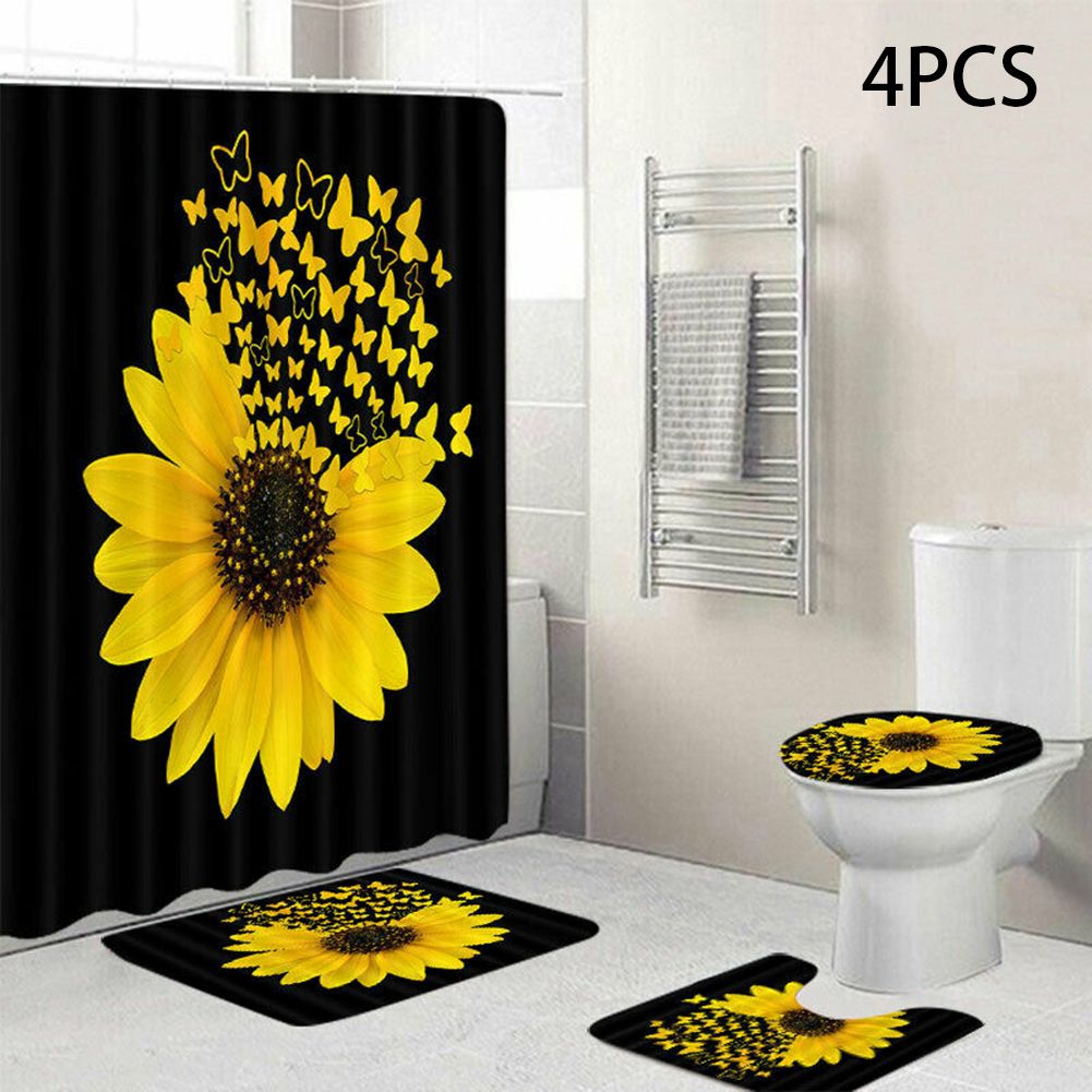 3/4PCS Sunflower Butterfly Print Bathroom Shower Curtain Toilet Cover