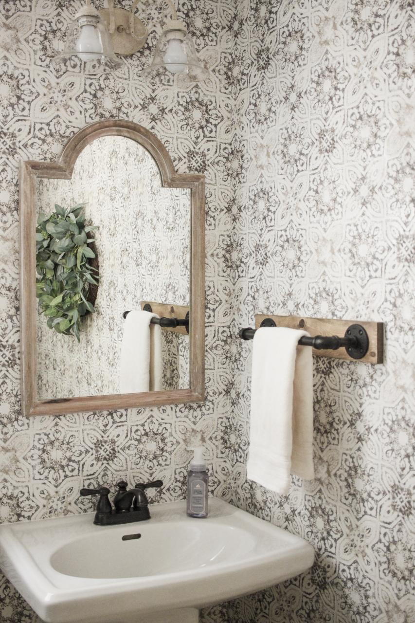 Modern Rustic Farmhouse Bathroom Makeover with Vintage Patina Tile