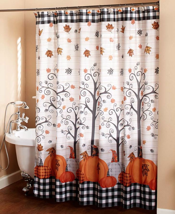 Fabric Shower Curtain Pumpkins Theme Falling Leaves Thanksgiving