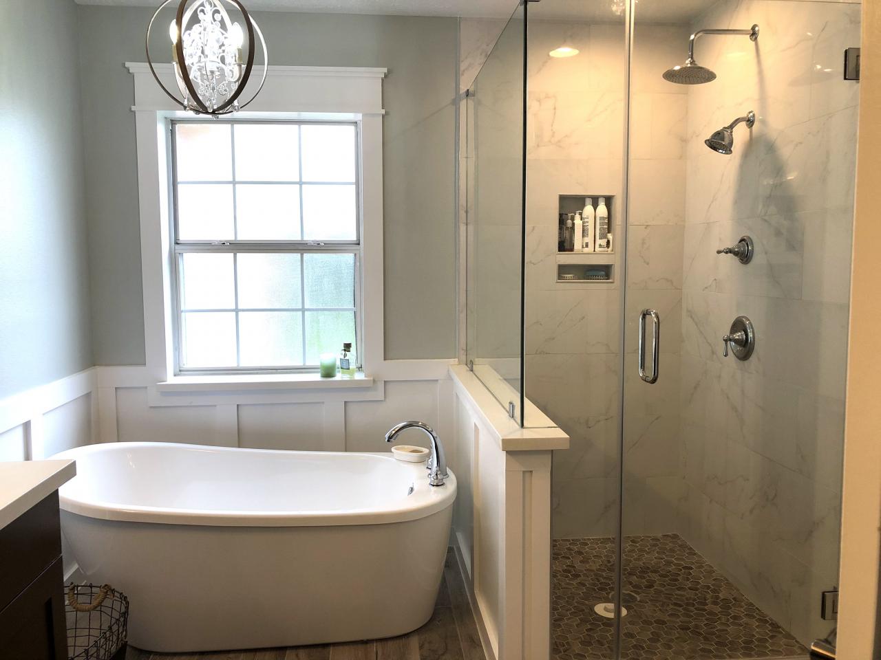 Master bath, freestanding tub, shower tile, bathroom chandelier Free