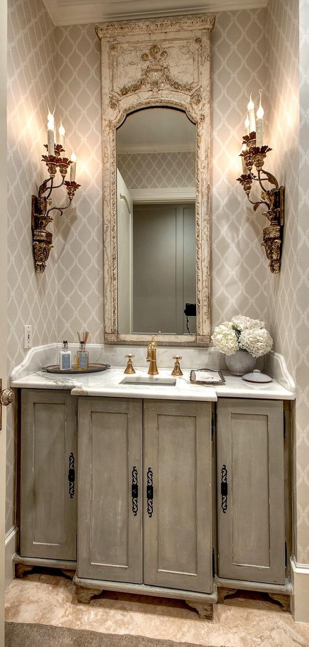 french Powder Room and THAT mirror! Country bathroom decor, French