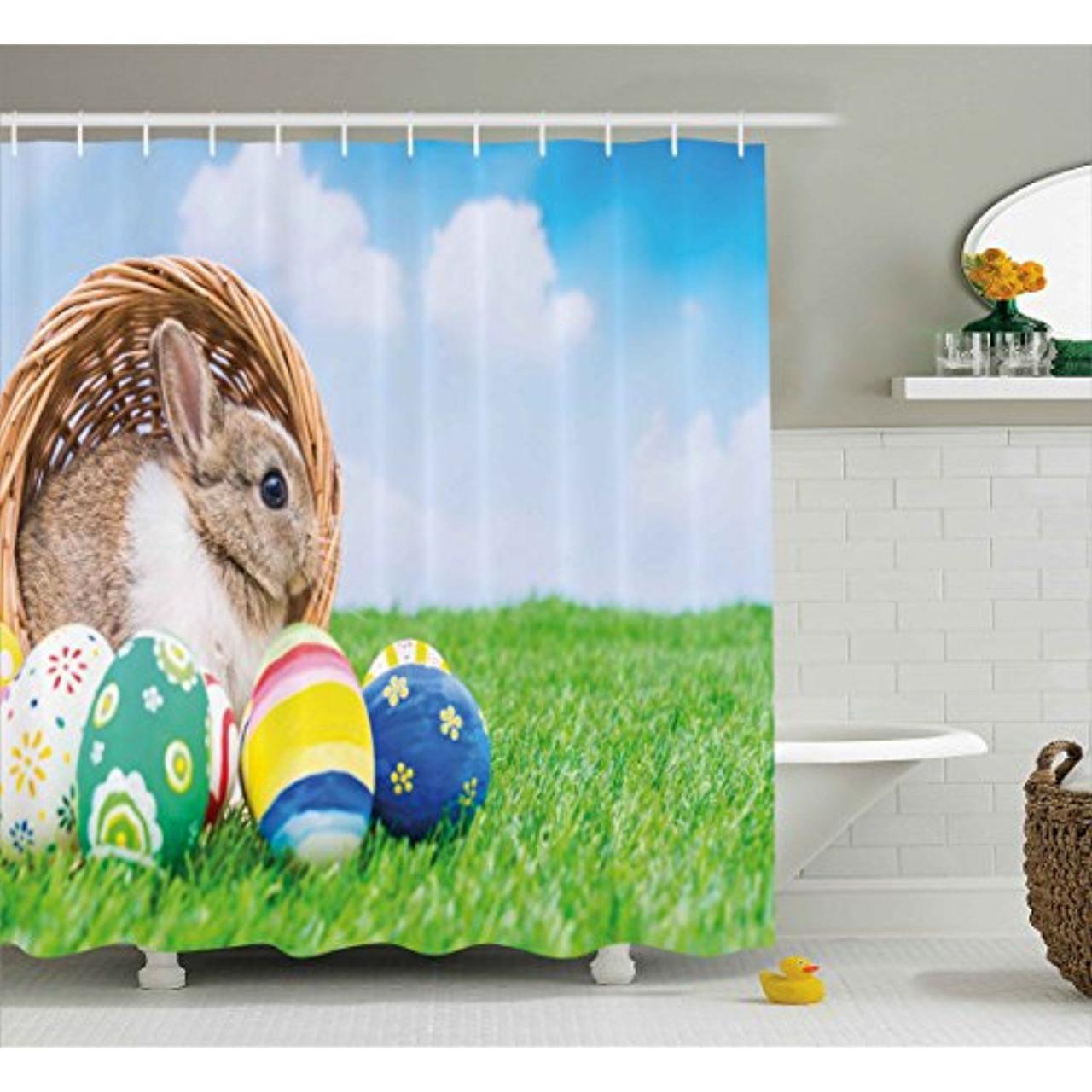 Easter Shower Curtain by Lunarable, Little Rabbit in Basket on Field