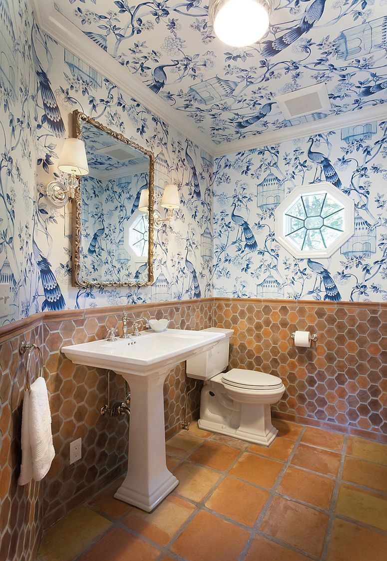Eclectic mix of color, pattern and texture in the tiny bathroom full of