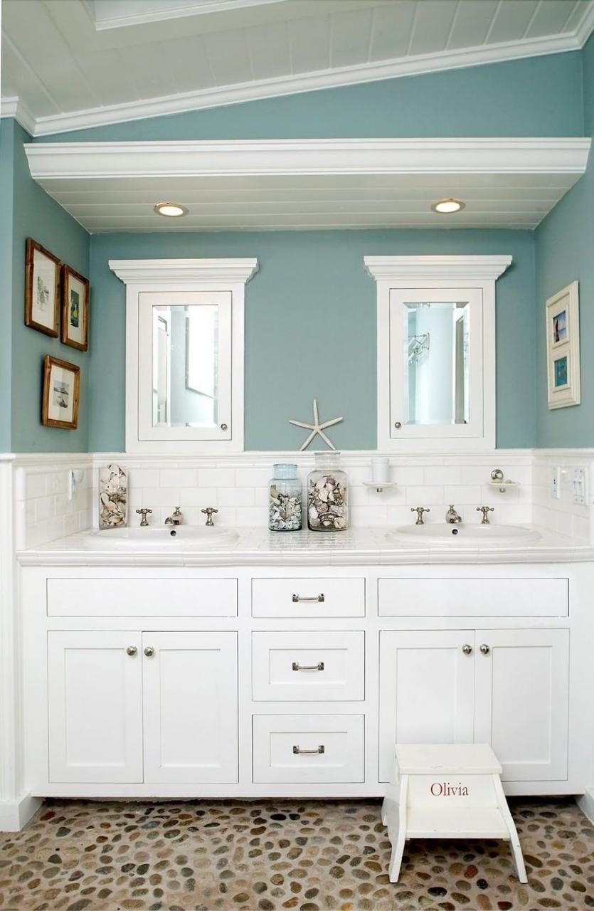a bathroom with blue walls and white