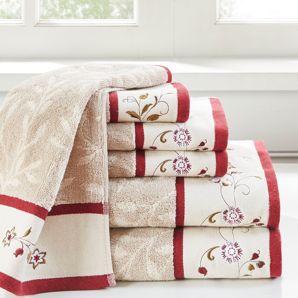 6pc Taupe & Red Floral Embroidered Cotton Jacquard Bath Towel Set