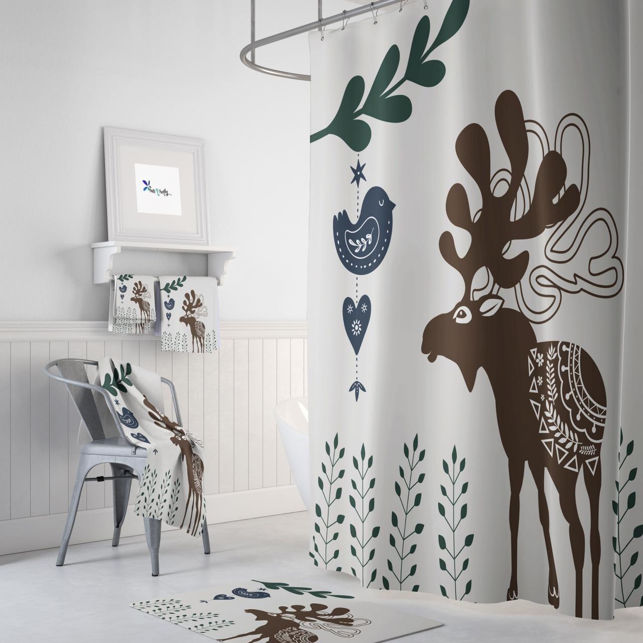 Moose Shower Curtain, Nordic Woodland Bathroom Decor Curtains, Home