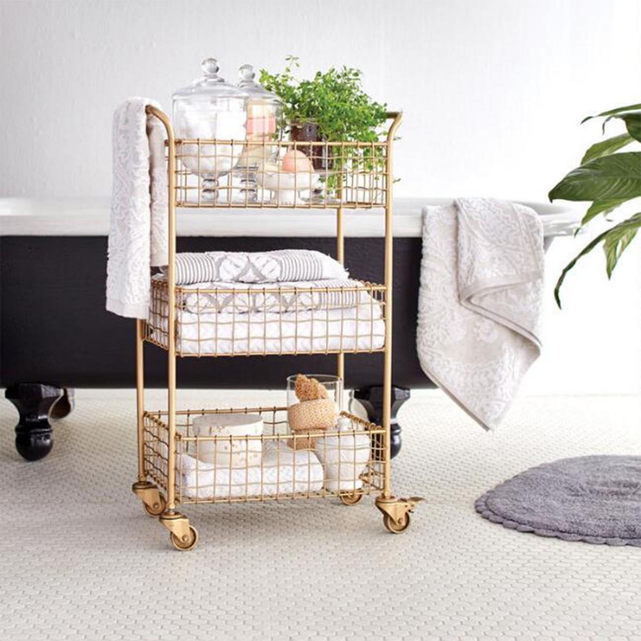 gold cart to use in your bathroom to store towels and