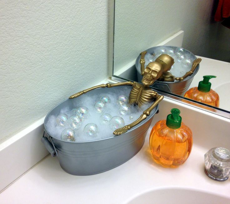 Skeleton taking a bubble bath bathroom decoration. 1 skeleton from