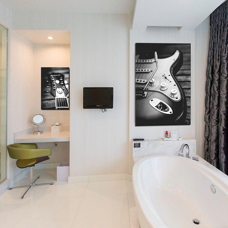 Bathroom Decor electric guitar canvas, Bathroom Art set of 2 black and