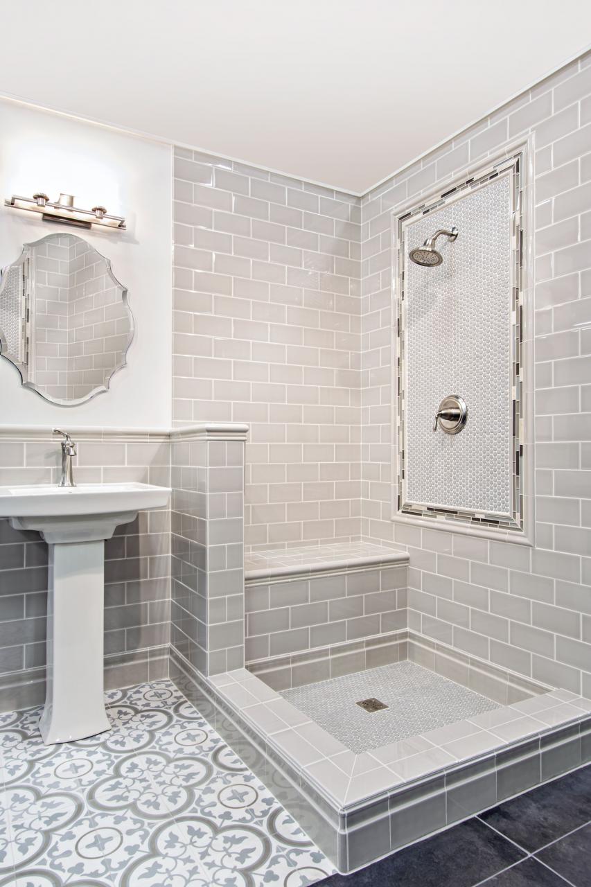 Light blue and grey bathroom floor tile Cheverny Blanc Encaustic