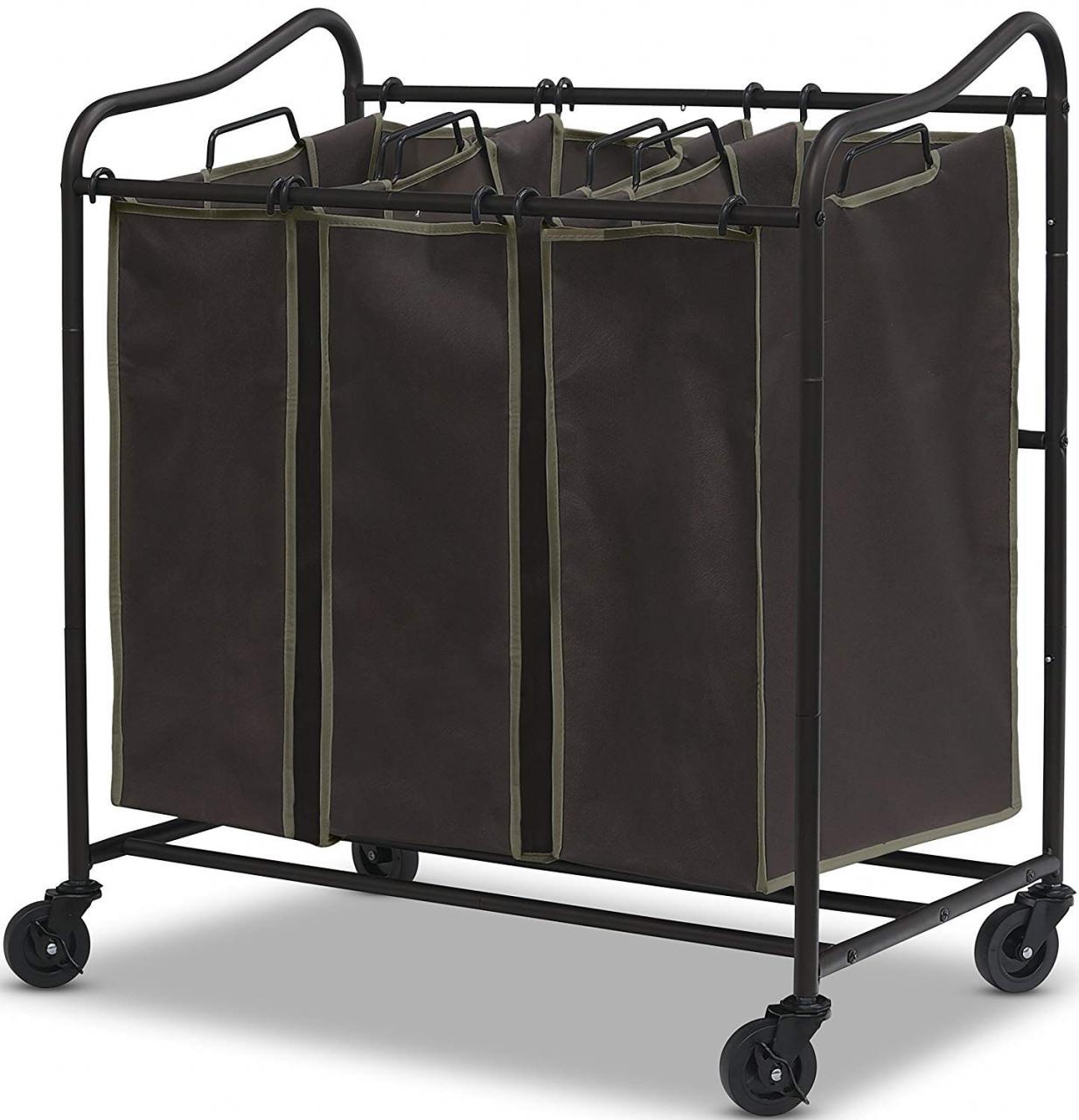 Simple Houseware Heavy Duty 3Bag Laundry Sorter Rolling Cart, Brown