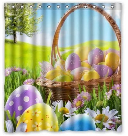 GreenDecor Happy Easter Waterproof Shower Curtain Set with Hooks
